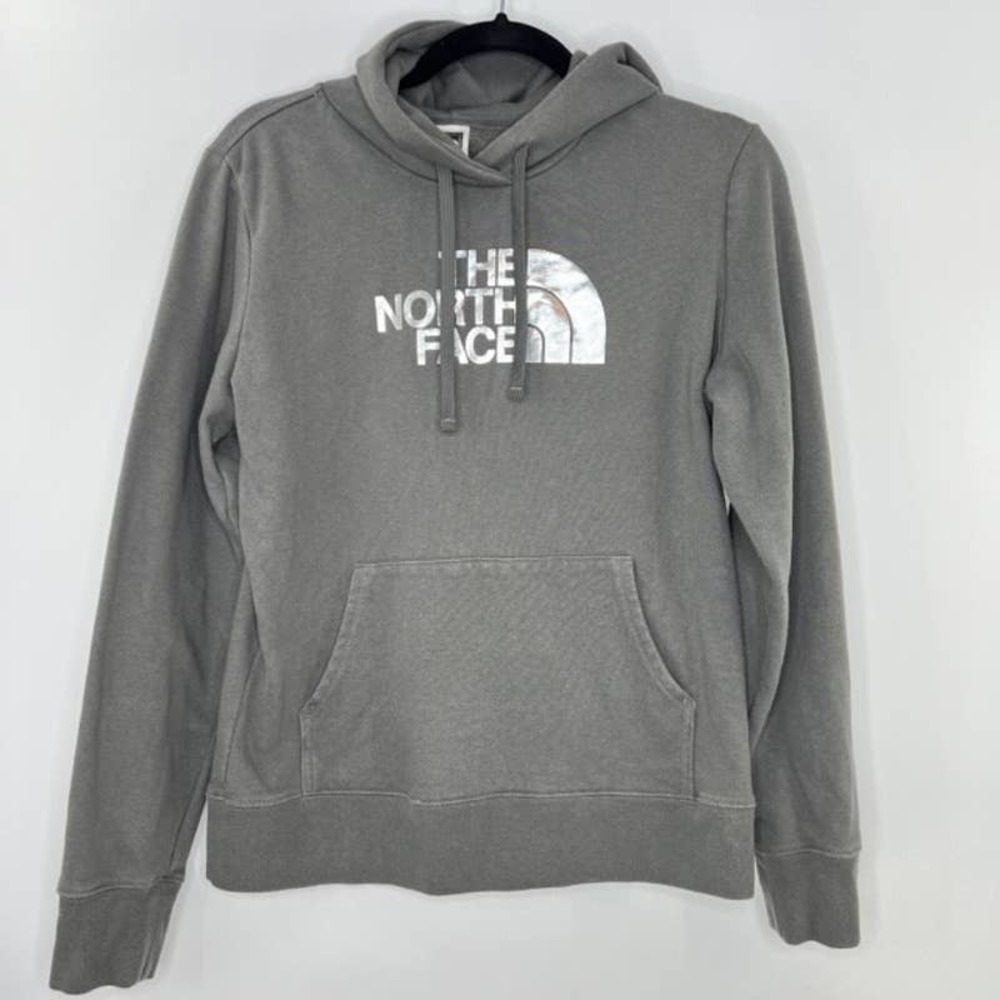 The North Face Womens Silver Metallic Foil Graphic Hoodie Sweatshirt Size Medium